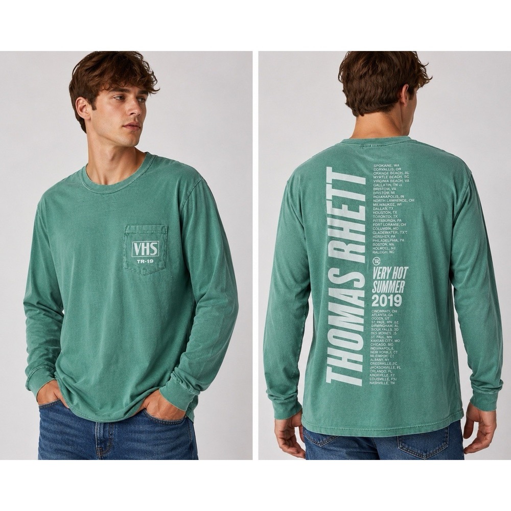 VHS‎ TR-19 Thomas Rhett Long Sleeve Pocket T Shirt Mens Large Green Tour Tee